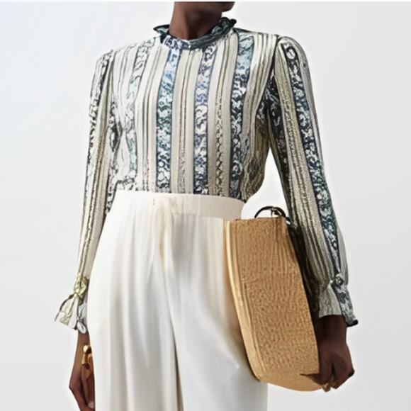 D'Ascoli Silk Striped Mock Neck Floral Long Sleeve Blouse Gray Beige Size Large - Picture 1 of 7